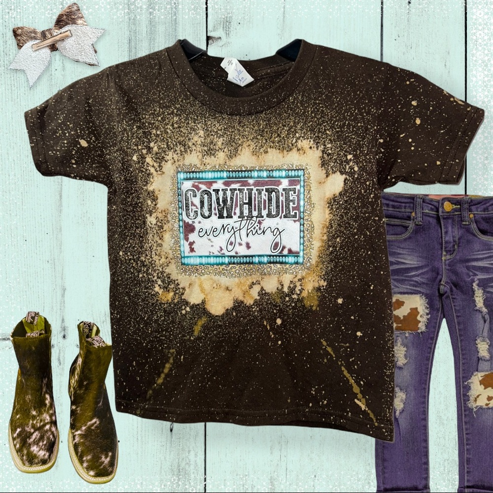 New Cowhide Everything bleach splatter kids tee 5t
